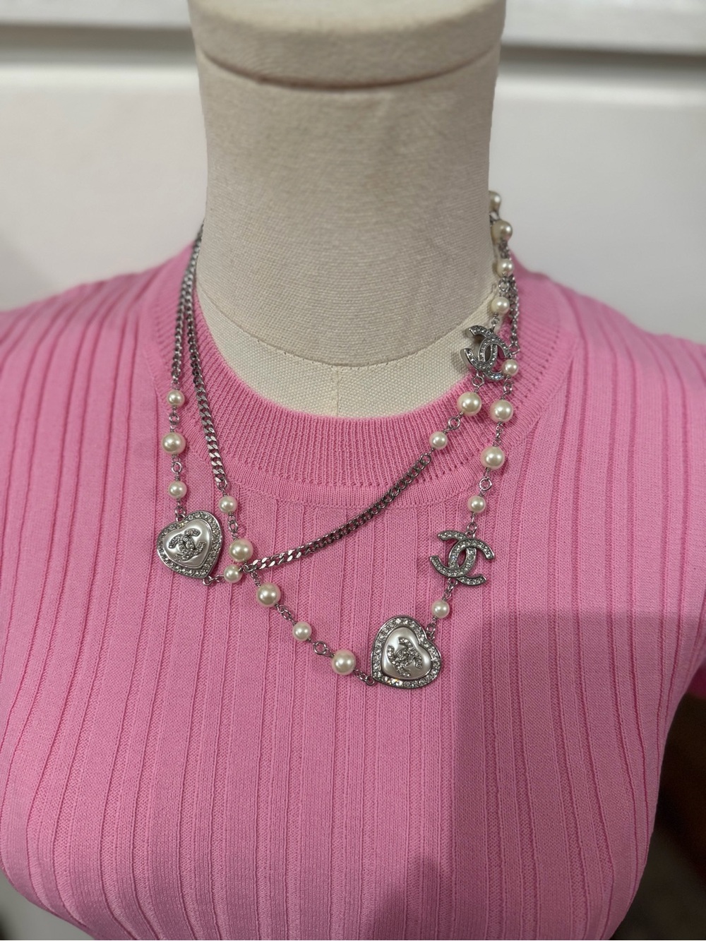 Hearts collection Silver- Pearl Heart & CC Pendant Necklace - Pink